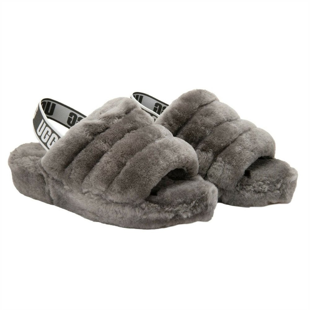 Size 7 UGG Women's Fluff Yeah Gray Fur Slingback Slipper Wool Shearling Leather